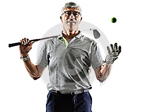 Senior man golfer golfing shadow silhouette isolated white back photo