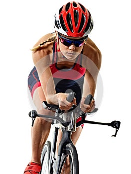 Woman triathlon triathlete ironman athlete cyclist cycling isolated white background photo
