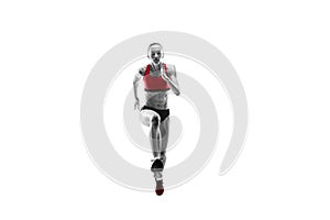 One caucasian woman running on white background