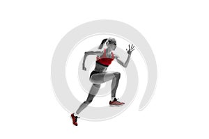 One caucasian woman running on white background