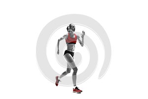 One caucasian woman running on white background