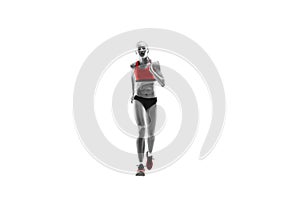 One caucasian woman running on white background