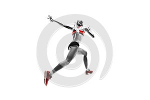 One caucasian woman running on white background