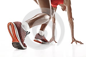 One caucasian woman running on white background