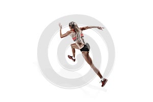 One caucasian woman running on white background