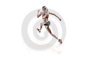 One caucasian woman running on white background