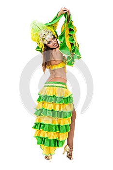 One caucasian woman samba dancer dancing isolated on white in full length