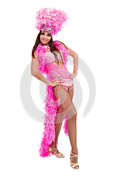 One caucasian woman samba dancer dancing isolated on white in full length