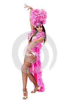 One caucasian woman samba dancer dancing isolated on white in full length