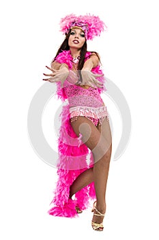 One caucasian woman samba dancer dancing isolated on white in full length