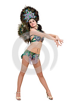 One caucasian woman samba dancer dancing isolated on white in full length