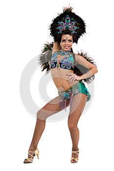 One caucasian woman samba dancer dancing isolated on white in full length