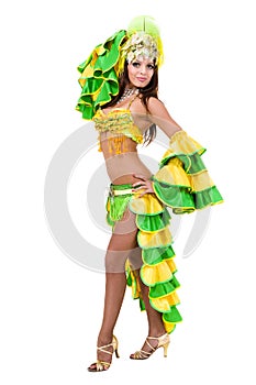 One caucasian woman samba dancer dancing isolated on white in full length photo