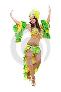 One caucasian woman samba dancer dancing isolated on white in full length