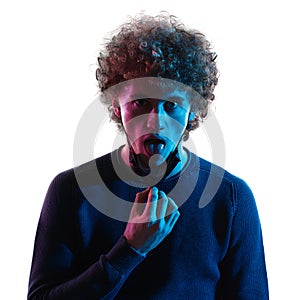 young man headshot face mask portrait Breathless shadow white background unmasked breathing