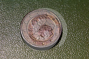 One cent euro coin, close-up, shallow depth of field.