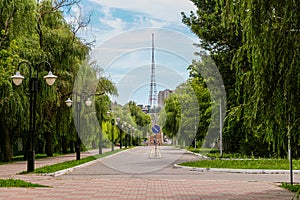 One of the central streets of Belgorod - Kharkivskaya street. Cityscape with TV tower. Jule 28, 2020