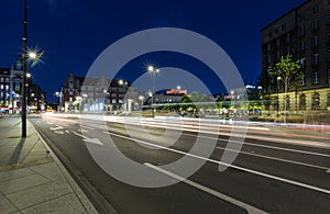 One of the central streets of Katowice after sunset