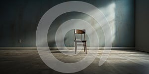 One Chair In Dark Empty Room, Sunlight From Window On Wall Background. Loneliness Concept. Old Wooden Furniture