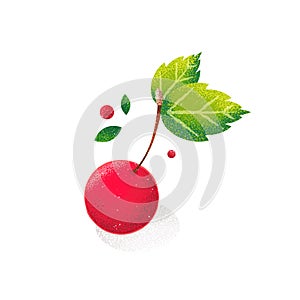 One cherry on white background. Fruit card in grunge style.