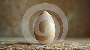 One chicken egg on a light brown background. Close-up