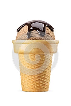 One chocolate brown ice cream scoop served on a crispy waffle cone isolated on white