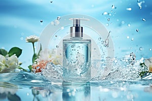 One clear cosmetics bottles stand on the glass countertop, a lot of water droplets, splash splashes, water flowing from the bottle