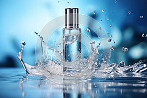 One clear cosmetics bottles stand on the glass countertop, a lot of water droplets, splash splashes, water flowing from the bottle