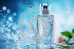 One clear cosmetics bottles stand on the glass countertop, a lot of water droplets, splash splashes, water flowing from the bottle