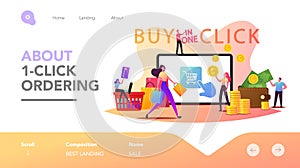 One Click Purchase Shopping Landing Page Template. Tiny Customer Characters with Credit Card Buying Goods Online