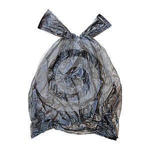 one closed black plastic bag isolated on white