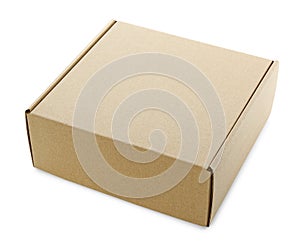 One closed cardboard box isolated on white. Mockup for design