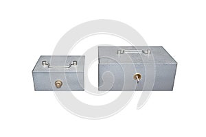 One closed, metal cash box with a key in the lock and the other with a drilled lock, isolated on white background with a clipping