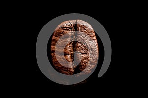 One coffee bean isolated on pure black background. Big macro grain coffee black espresso. Dark roasted coffee.