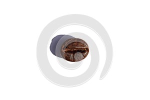 One coffee bean lies on a white background.