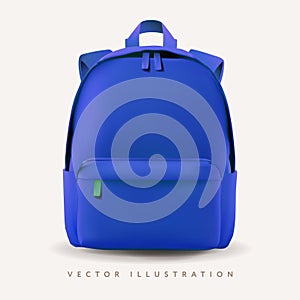 One-color school backpack on a white background. Blue school backpack mockup, front view