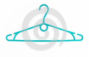 One colored plastic hanger, isolated on white background, close-up