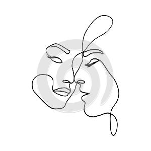 One continues line couple portrait. Abstract woman man faces line art contemporary style. Vector illustration