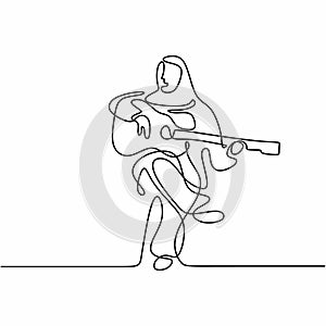 One continuous drawn line beautiful hijab girl playing acoustic guitar. Young muslimah woman playing guitar while sing a song.