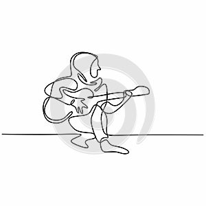 One continuous drawn line beautiful hijab girl playing acoustic guitar. Young muslimah woman playing guitar while sing a song.