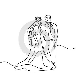 One continuous drawn line wedding. Characters of the bride and groom of the husband and wife are married isolated on white