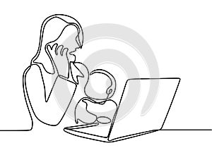 One continuous drawn line of a woman working in her home with a child on her hands painted by hand silhouette picture. Young