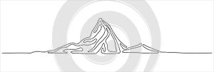 One continuous editable line drawing of mountain range landscape vector illustration. Editable stroke
