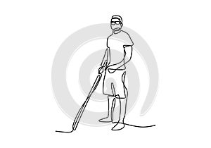 One continuous line art of a blind man is walking on the street with his stick. Young man was crossing the road with the help of