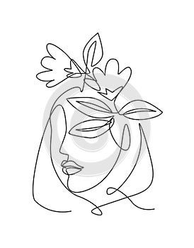 One continuous line art drawing minimalist woman portrait with flowers. Beauty contour abstract face poster wall art print design