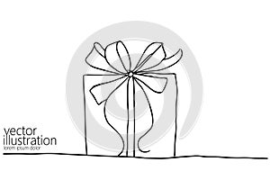One continuous line art gift ribbon. Birthday present minimalist isolated sketch ink drawing. Celebration party