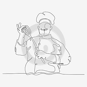 One continuous line of chef in mustache. Cute cooking character