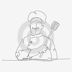 One continuous line of chef in mustache. Cute cooking character