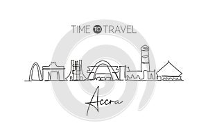 One continuous line drawing Accra city skyline, Ghana. Beautiful landmark. World landscape tourism travel vacation postcard print