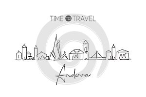 One continuous line drawing of Andorra la Vella city skyline. Beautiful landmark postcard. World landscape tourism travel vacation